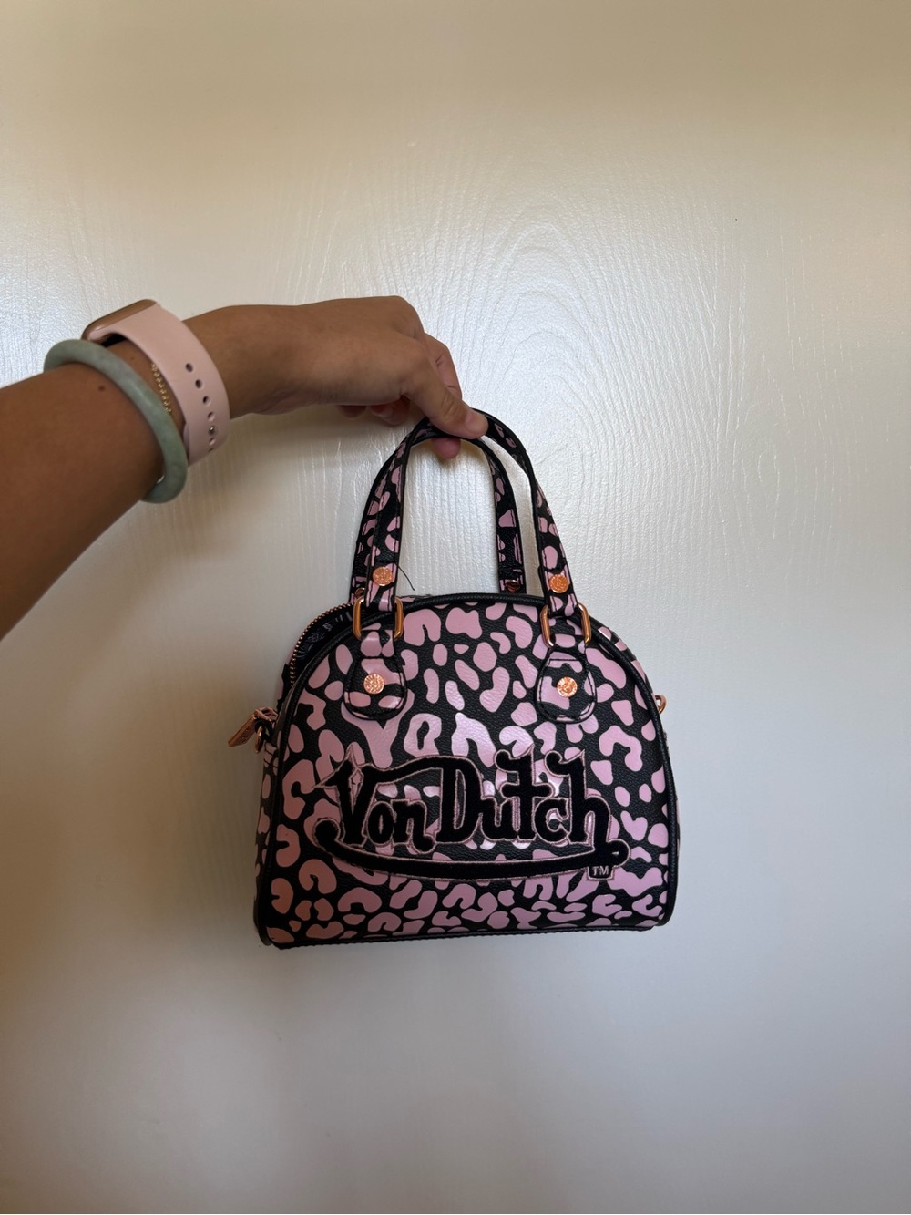 Von Dutch Pink & Black Leopard Print Dome Satchel, top handle bag
